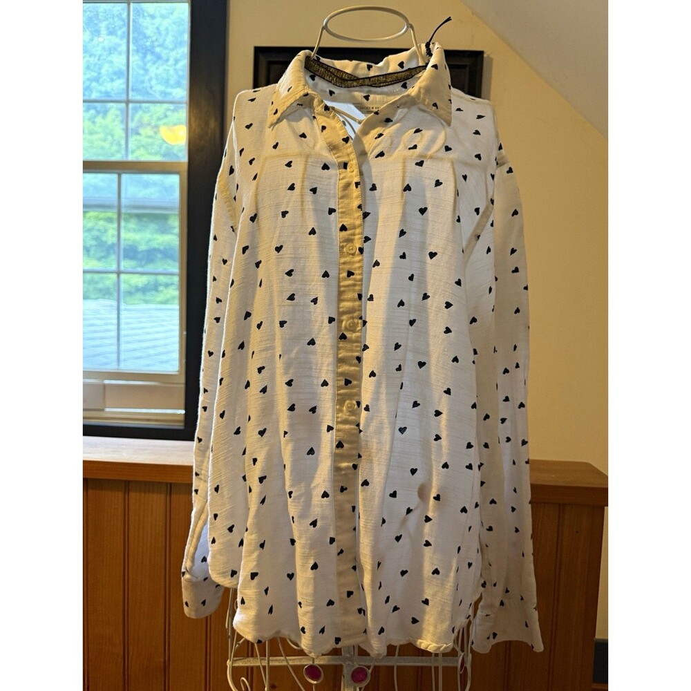 Lucky Brand Women’s Button-Down Blouse White Black Heart Print Long Sleeve M